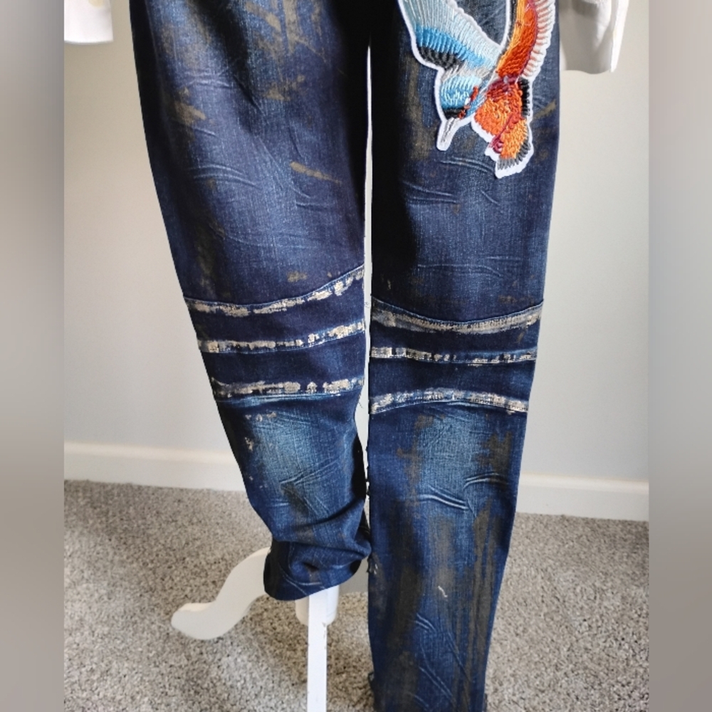 Embellish Distressed Embroidered Patched Spencer Biker Denim Jeans Size 30 - Picture 6 of 15